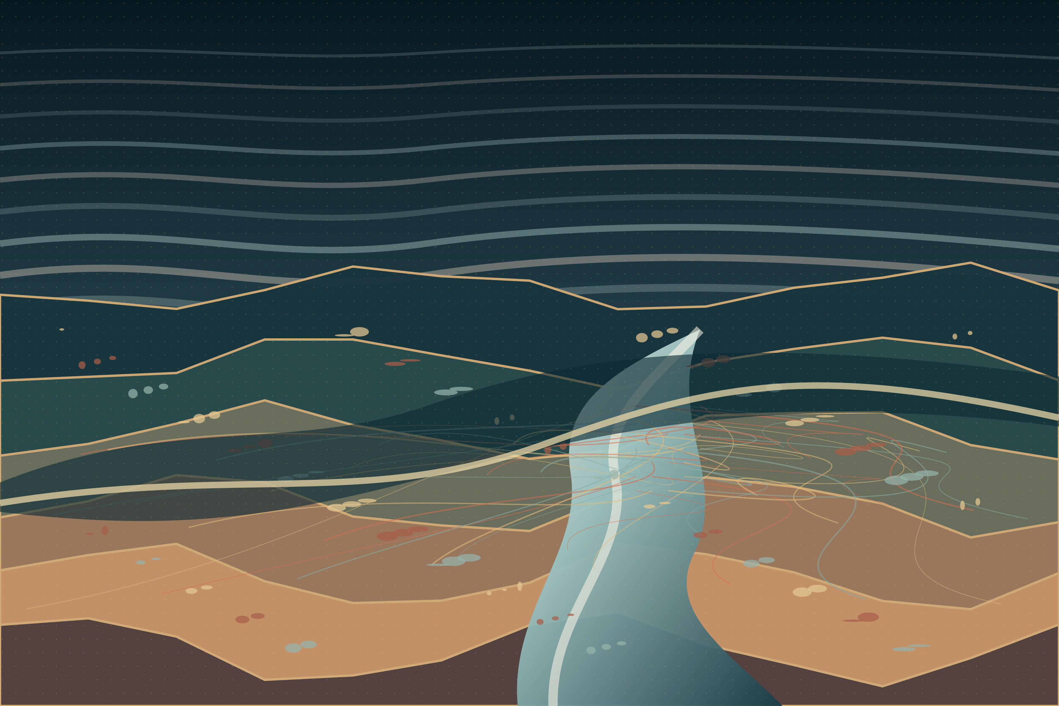 A Country Made of Weather, version 3: Branch A refinement - compress the horizon and darken the water shelf to clarify the estuary scale.