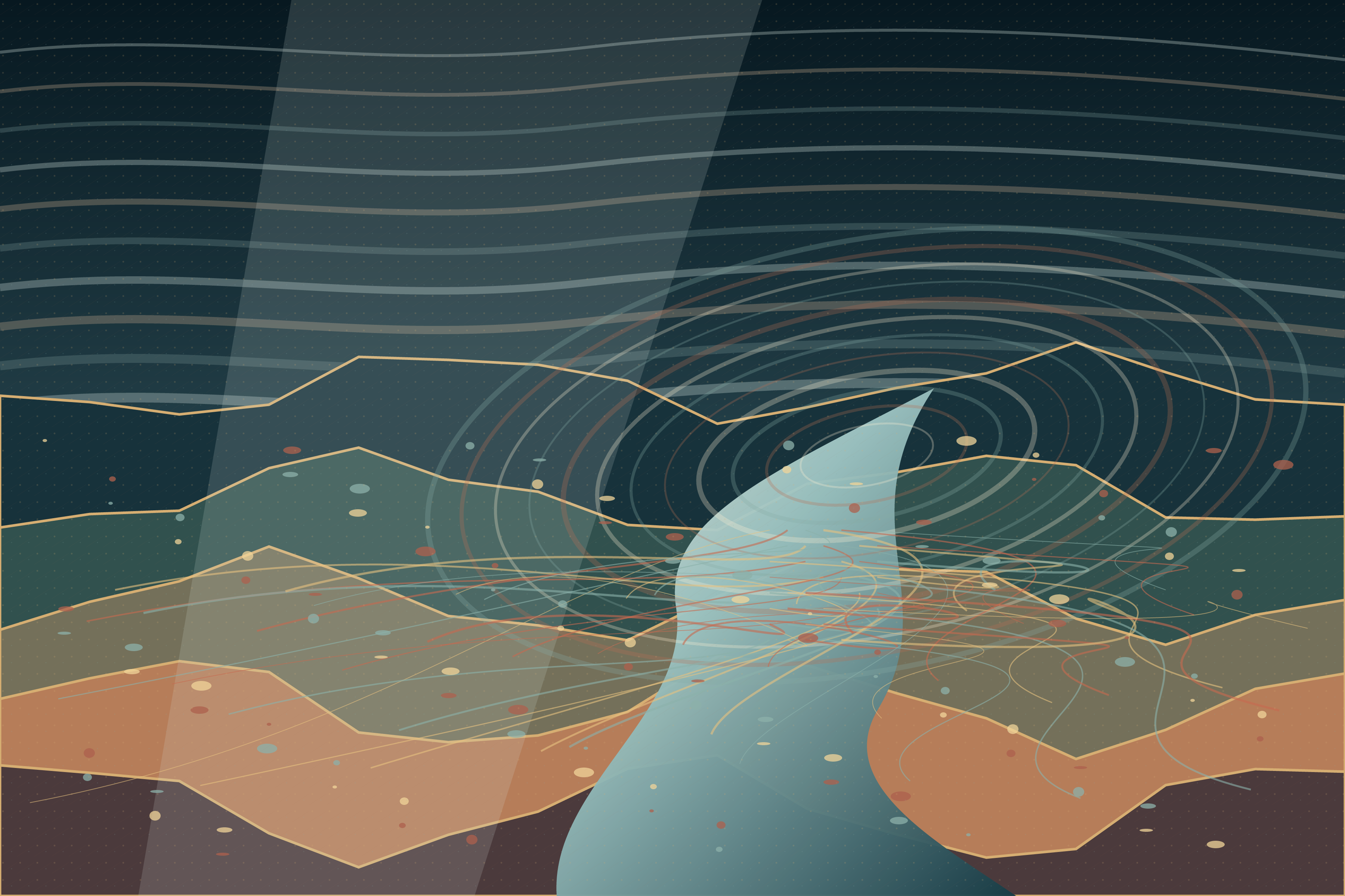A Country Made of Weather, version 4: Synthesis - keep stratified depth; import oblique ice shear and pressure rings to break symmetry and enrich close reading.