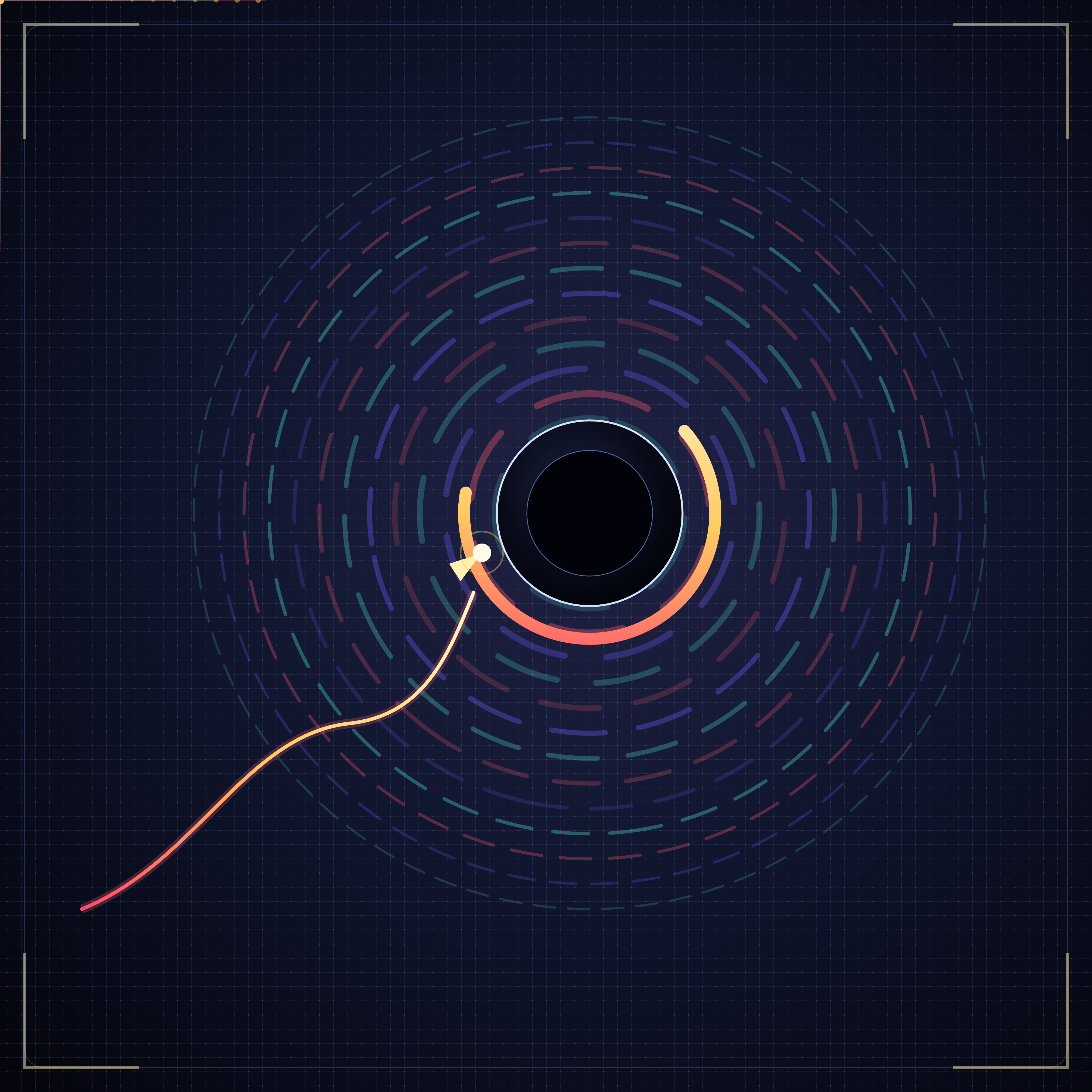 The Gate That Chose Silence, version 1: Branch A — radial closure engine with one luminous route stopping before the sealed core