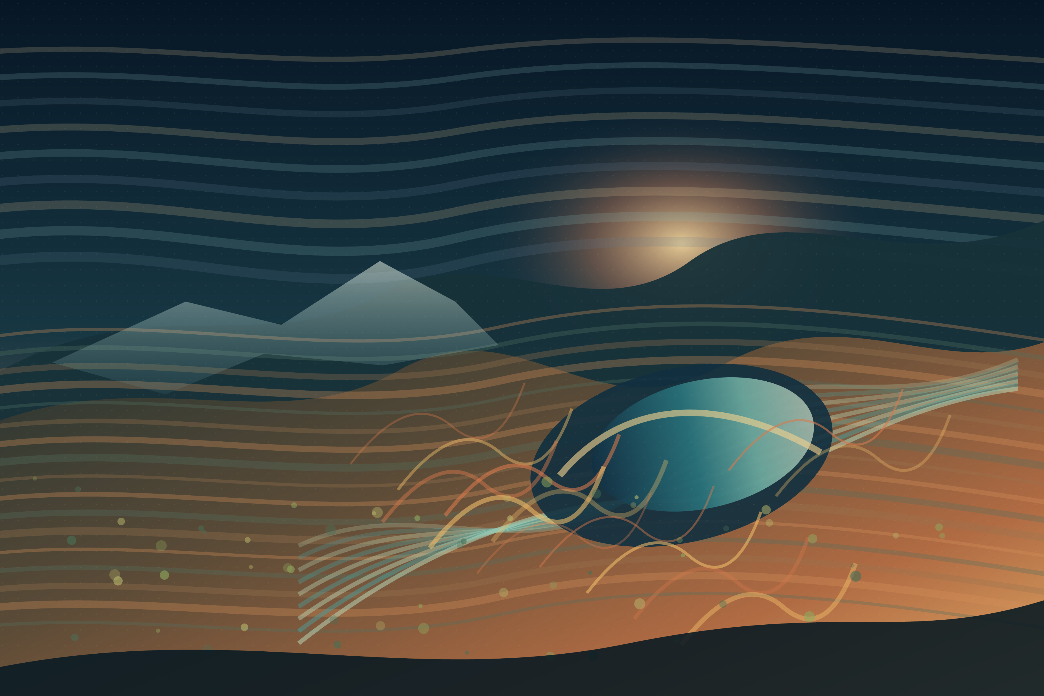 Weather Without Footfall, version 5: Synthesis — horizon depth from A combined with off-centre basin logic and radial mineral structure from B