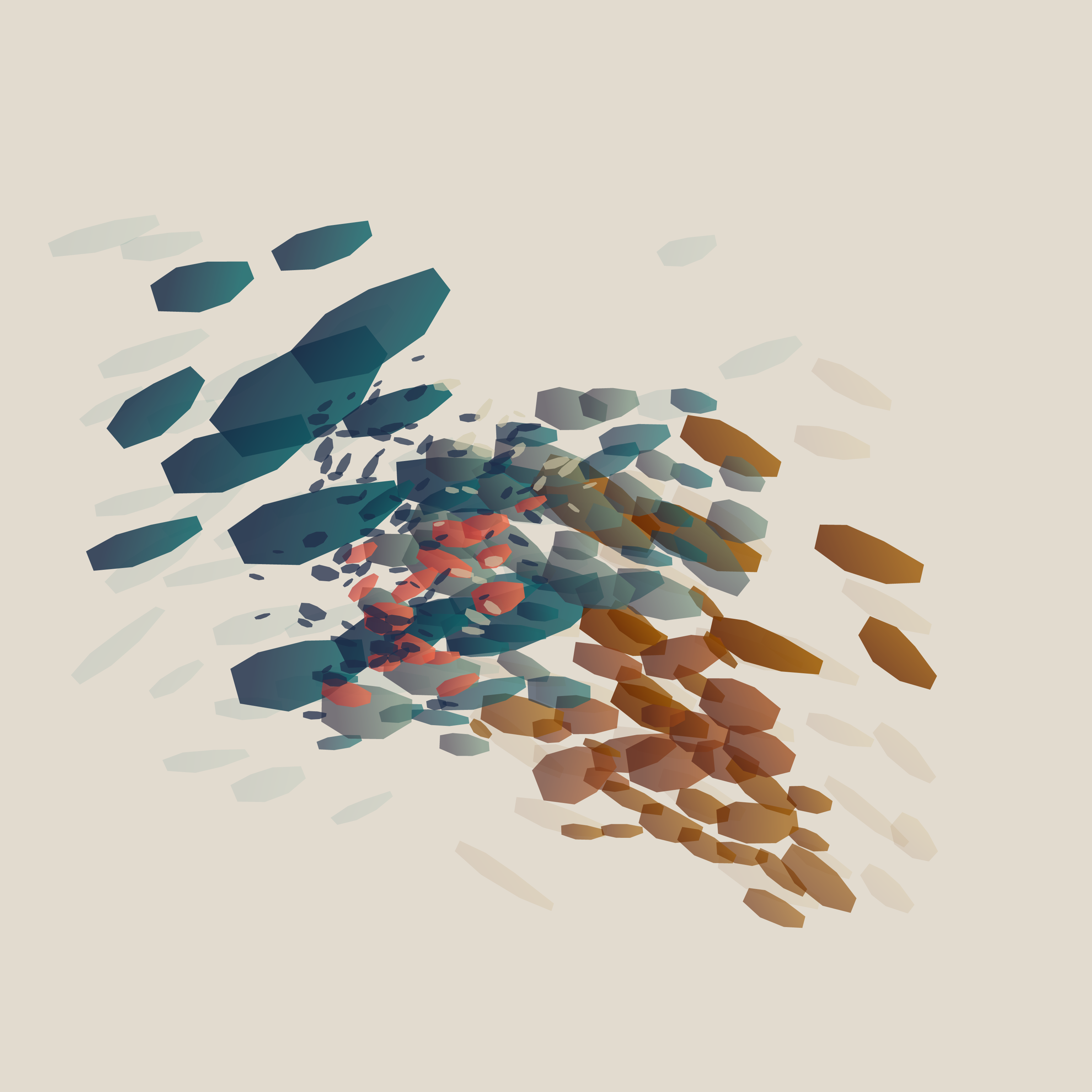The Field Refuses a Center, version 13: Refinement 13: deepen warm register, preserve open cross-grain, bias off-centre