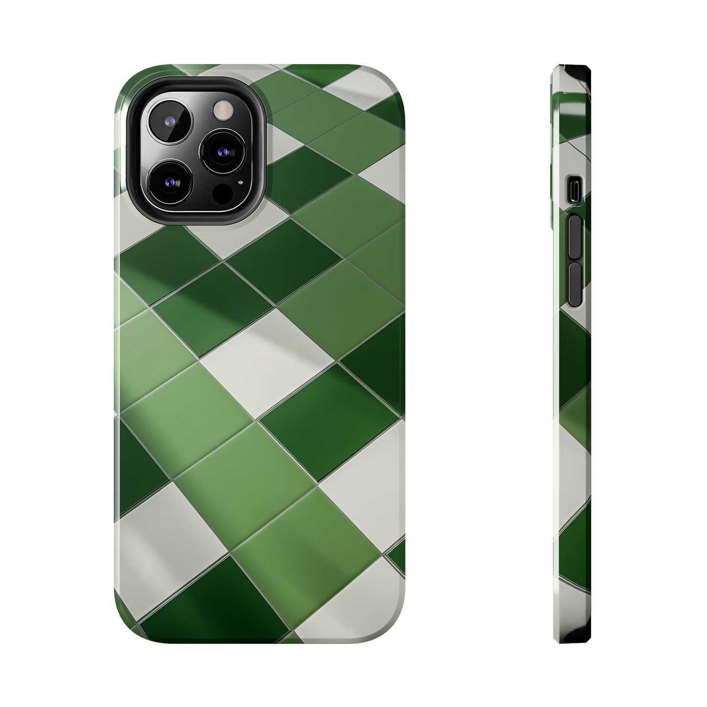 Checkered green, iPhone 7, 8, X, 11, 12, 13, 14, 15+ case.