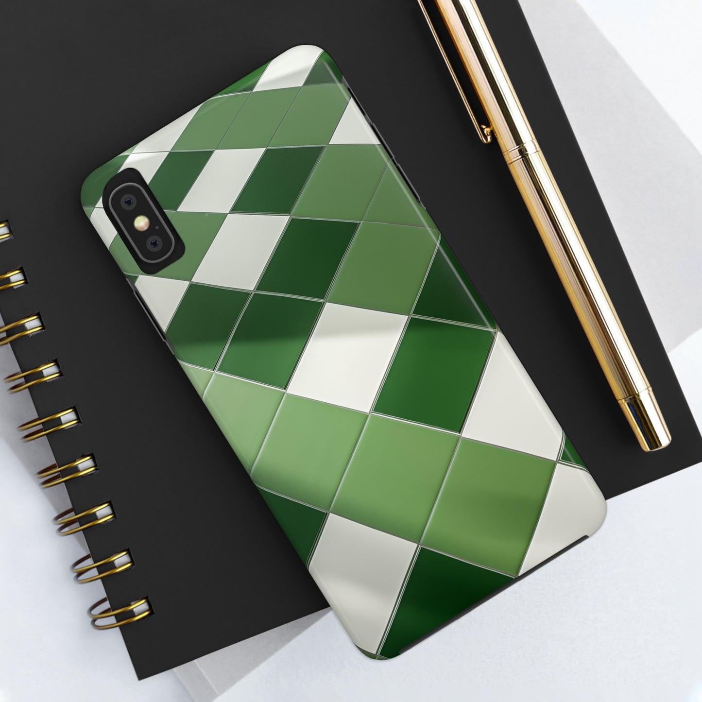 Checkered green, iPhone 7, 8, X, 11, 12, 13, 14, 15+ case.