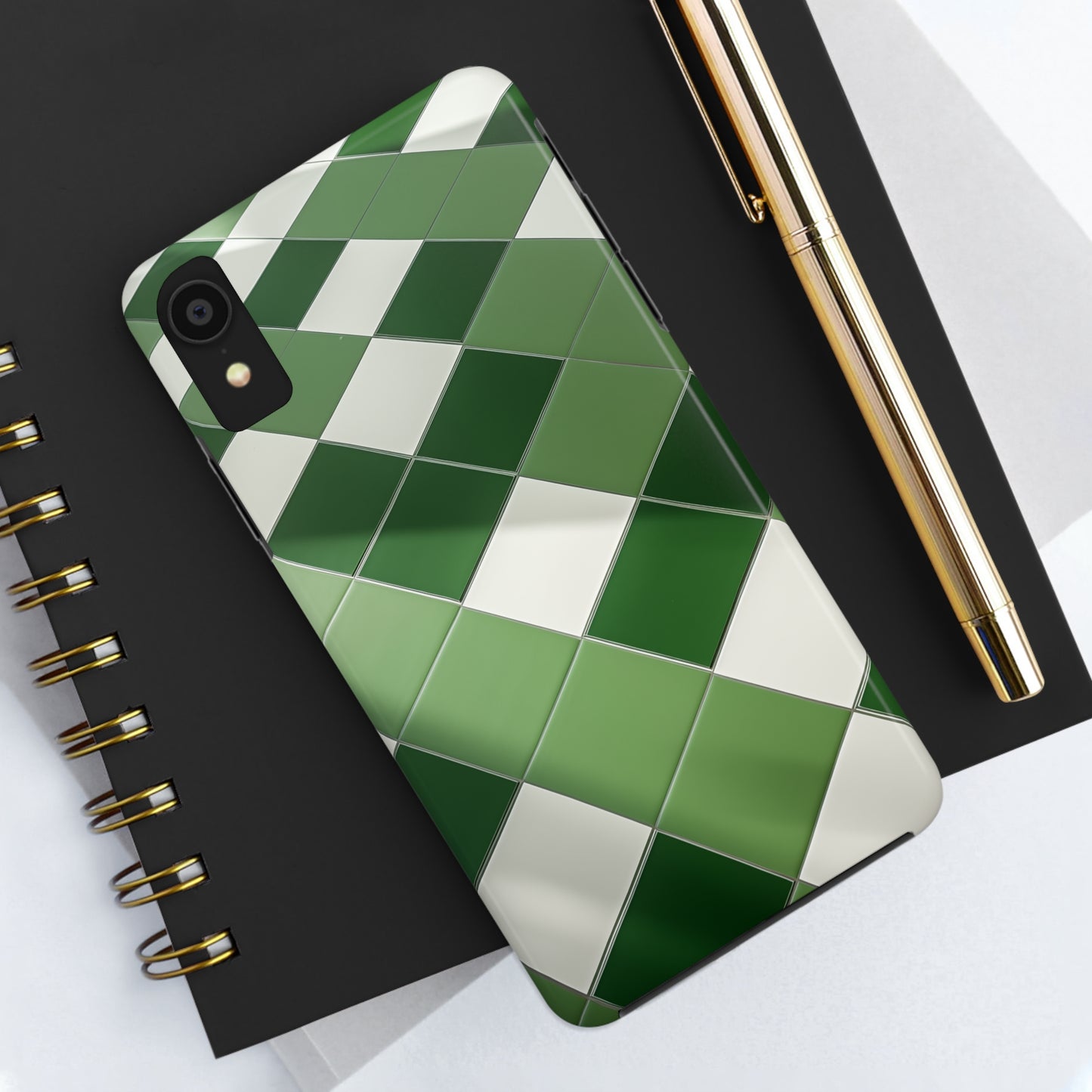 Checkered green, iPhone 7, 8, X, 11, 12, 13, 14, 15+ case.