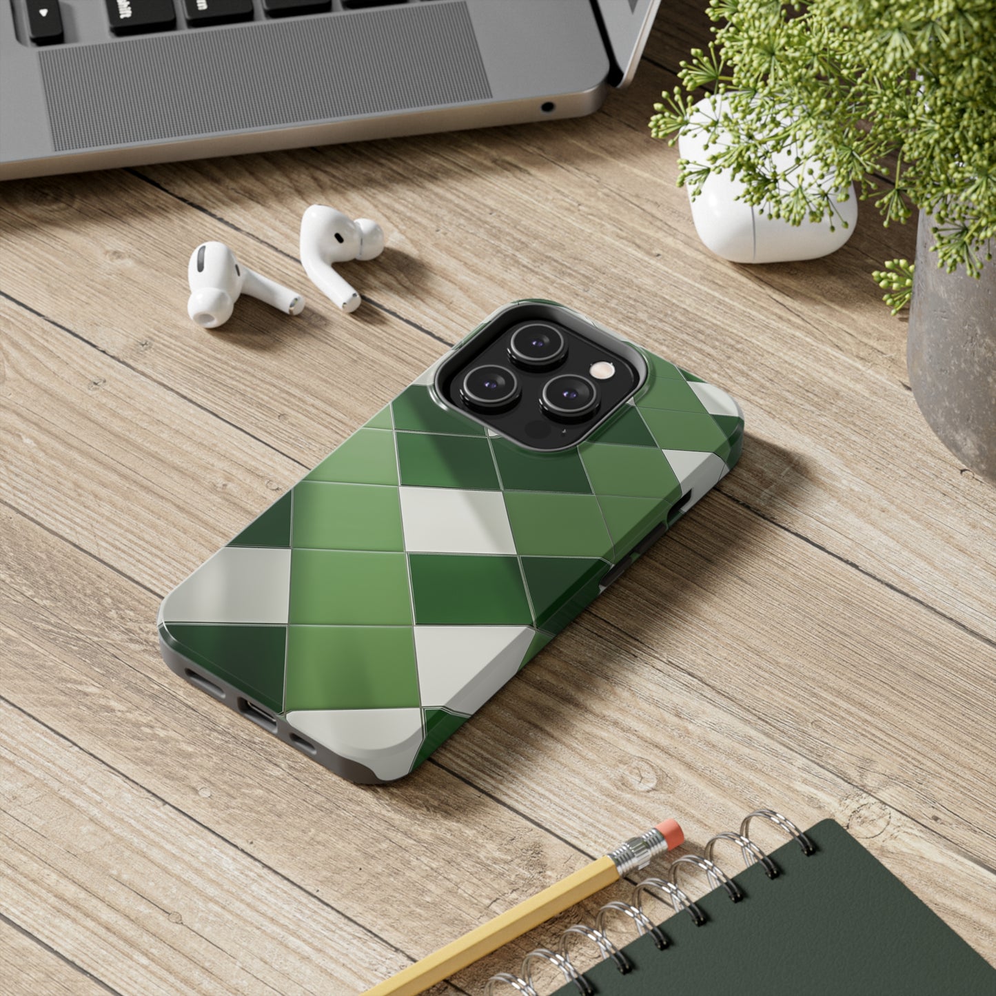 Checkered green, iPhone 7, 8, X, 11, 12, 13, 14, 15+ case.