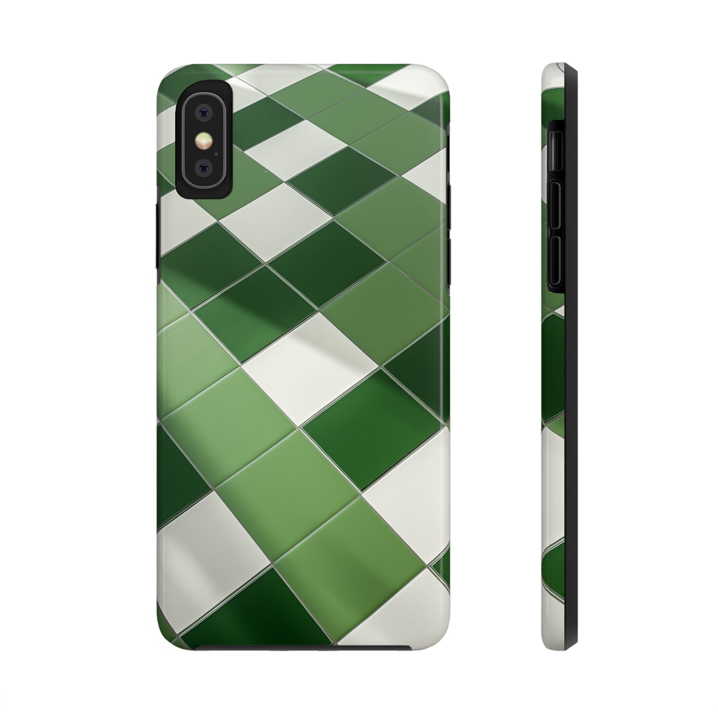 Checkered green, iPhone 7, 8, X, 11, 12, 13, 14, 15+ case.