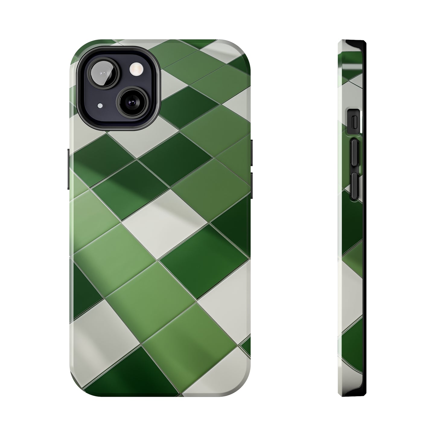 Checkered green, iPhone 7, 8, X, 11, 12, 13, 14, 15+ case.