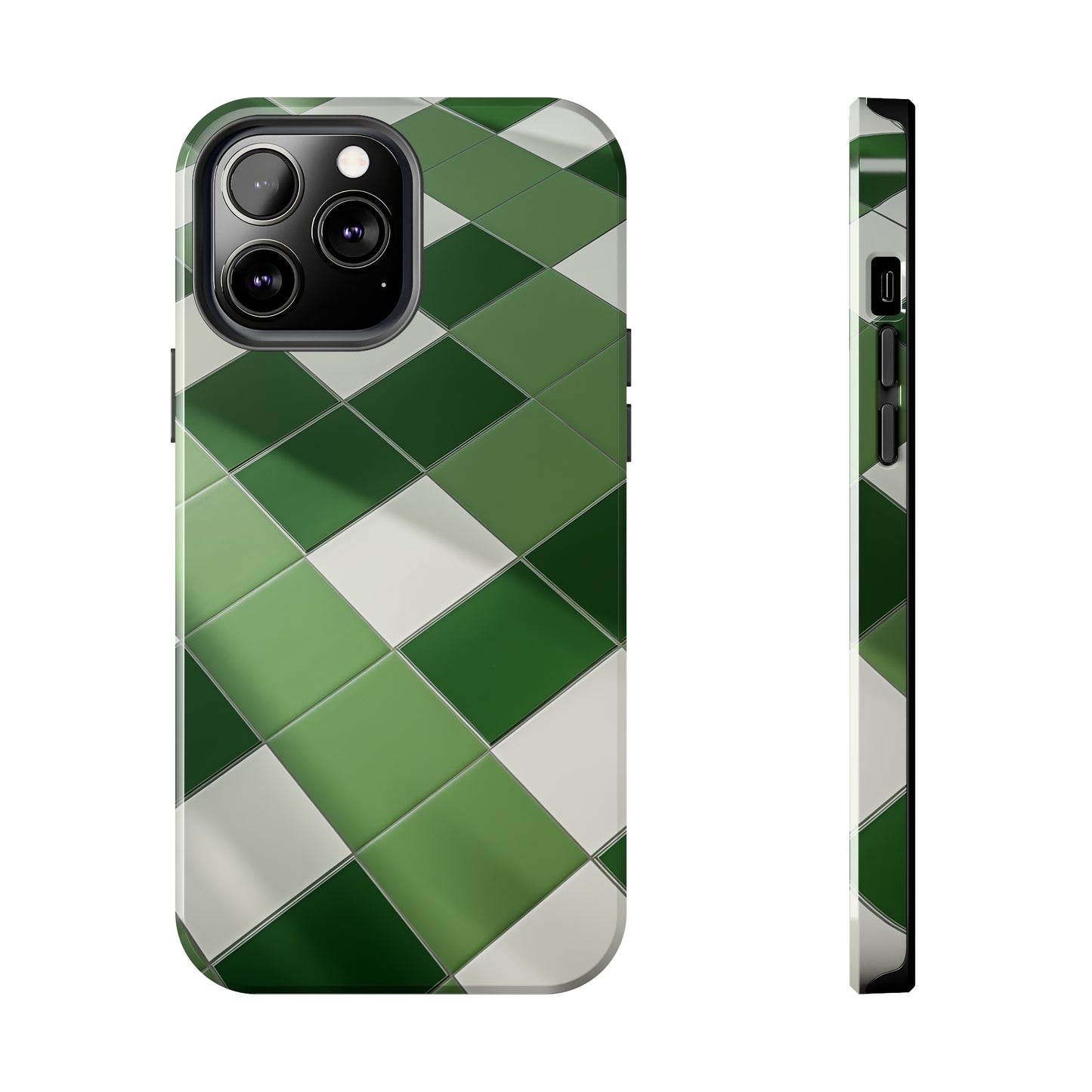 Checkered green, iPhone 7, 8, X, 11, 12, 13, 14, 15+ case.