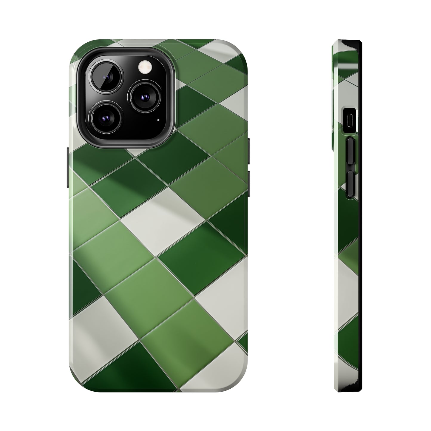 Checkered green, iPhone 7, 8, X, 11, 12, 13, 14, 15+ case.