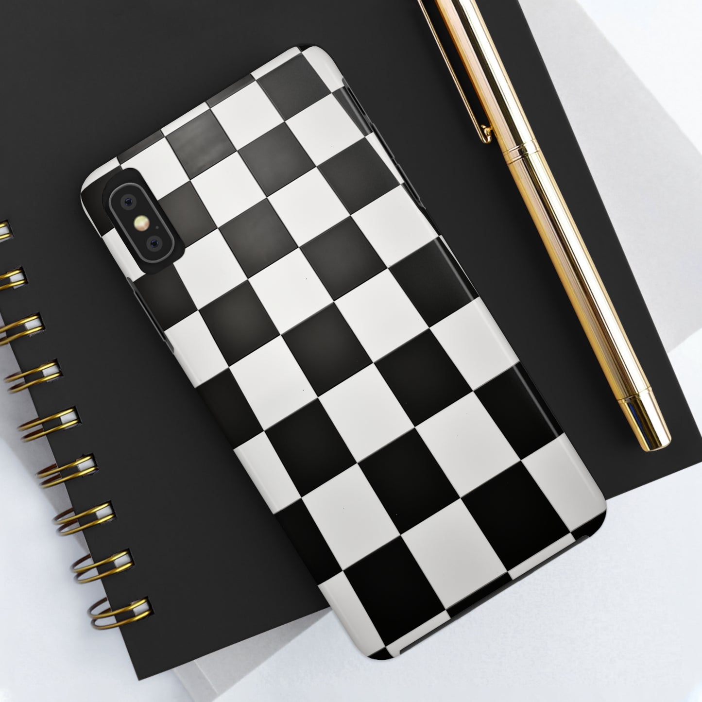 Checkered black and white, iPhone 7, 8, X, 11, 12, 13, 14, 15+ case.