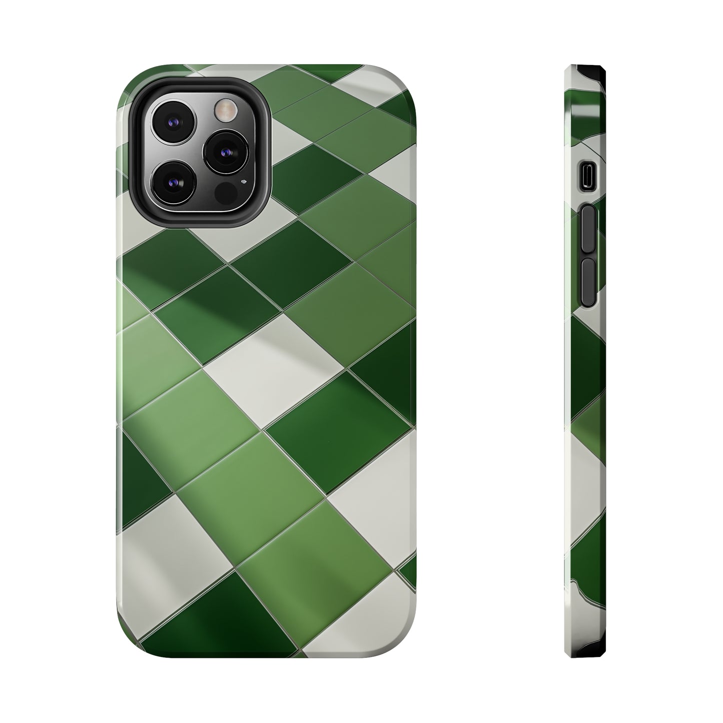 Checkered green, iPhone 7, 8, X, 11, 12, 13, 14, 15+ case.