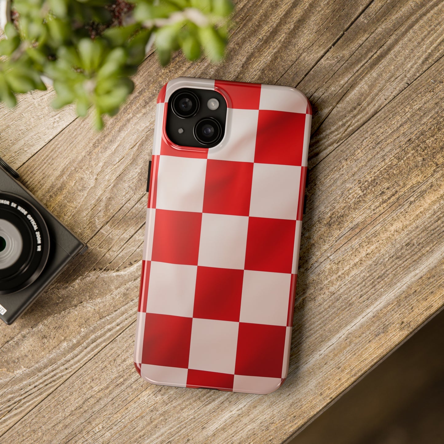 Checkered red, iPhone 7, 8, X, 11, 12, 13, 14, 15+ case.