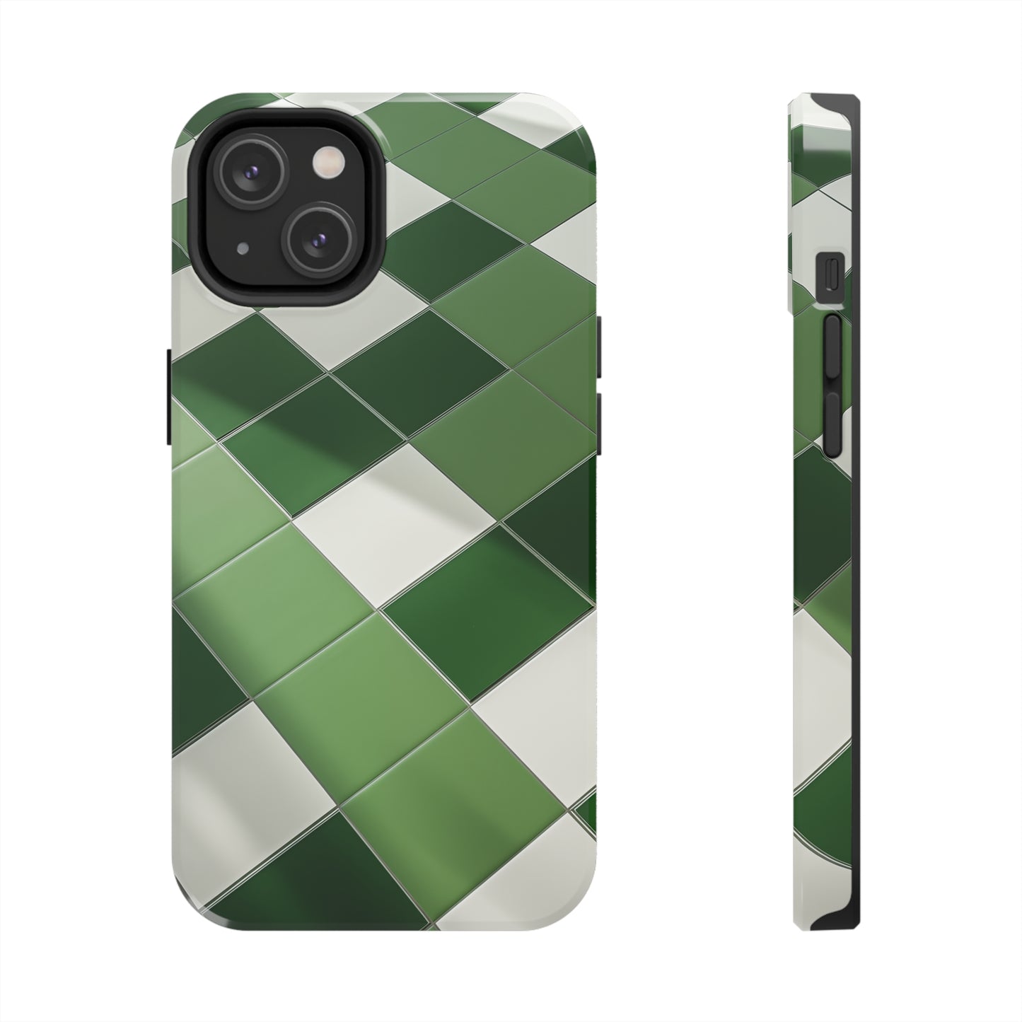 Checkered green, iPhone 7, 8, X, 11, 12, 13, 14, 15+ case.