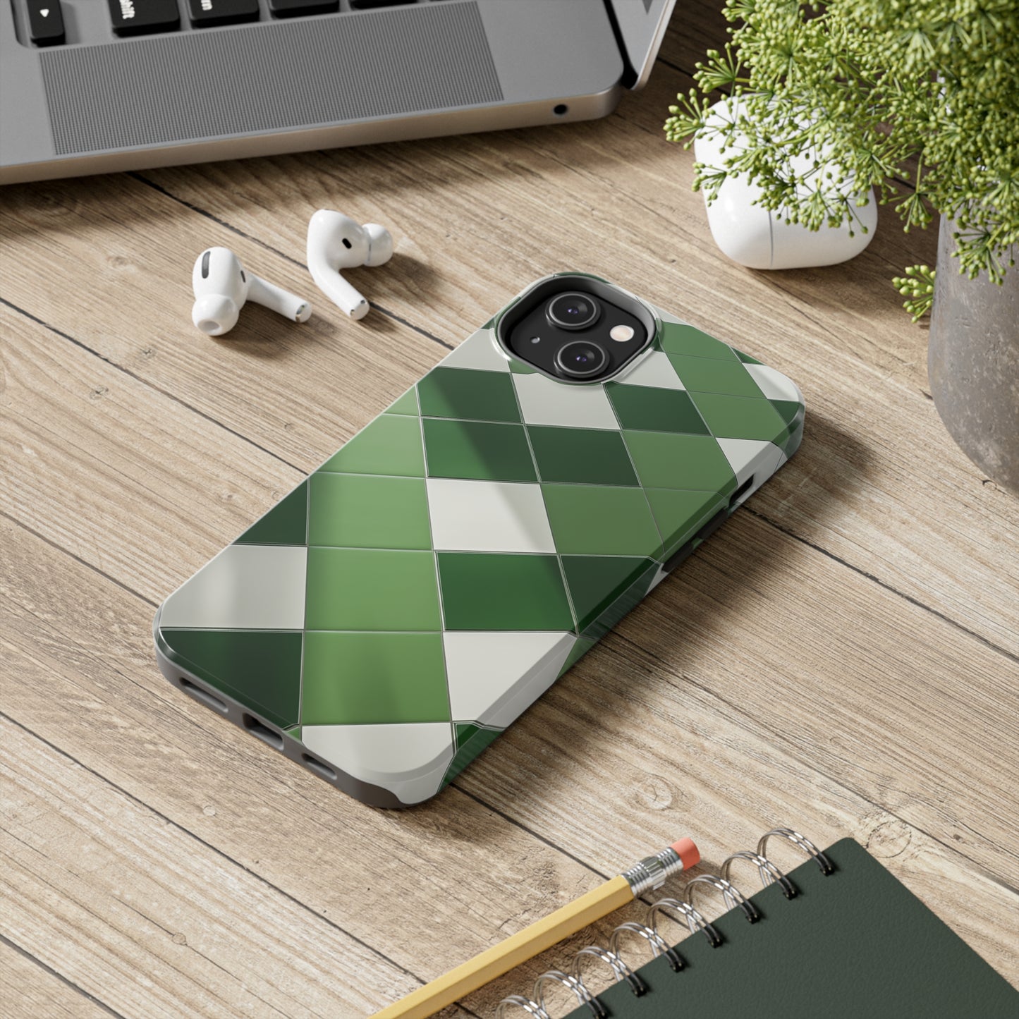 Checkered green, iPhone 7, 8, X, 11, 12, 13, 14, 15+ case.