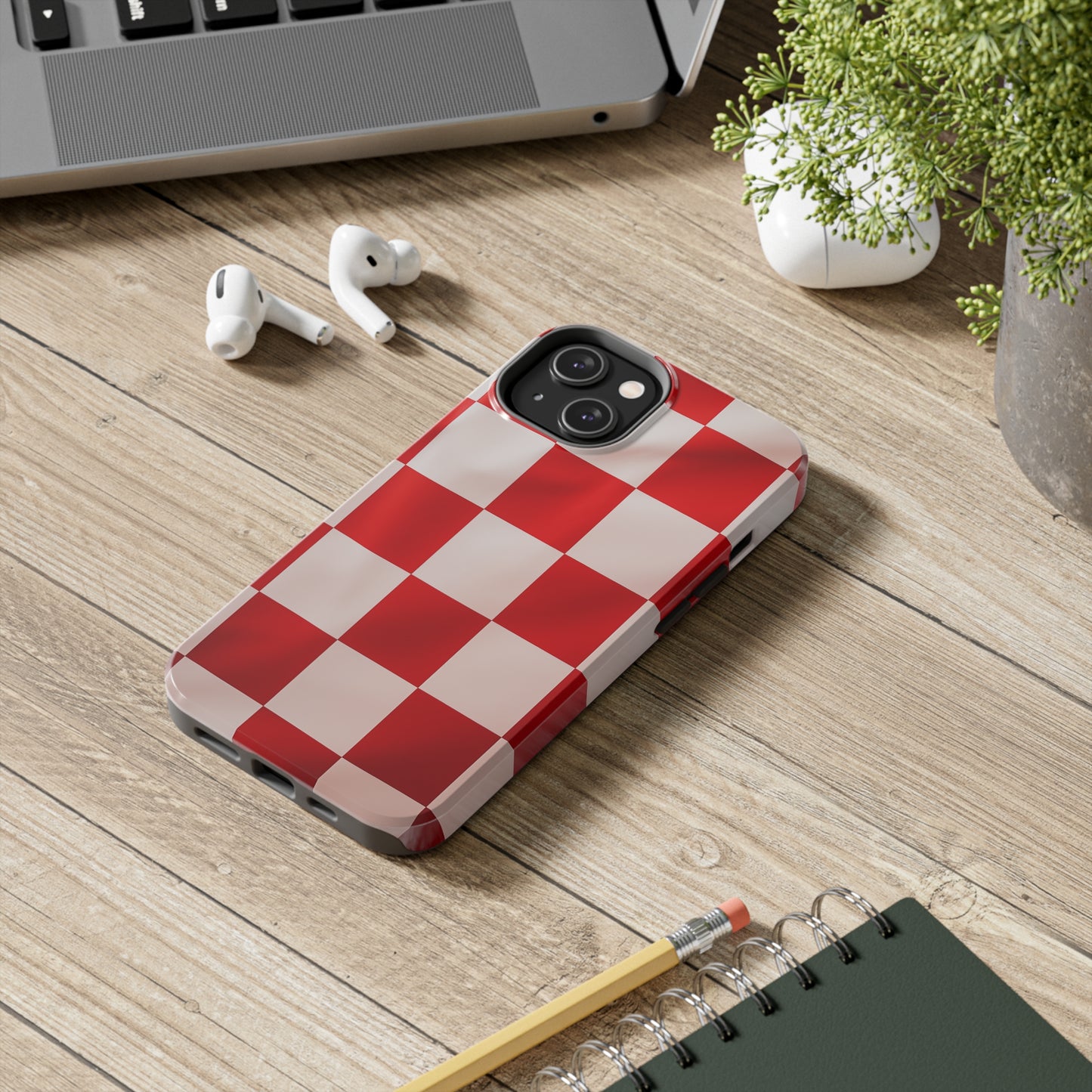 Checkered red, iPhone 7, 8, X, 11, 12, 13, 14, 15+ case.