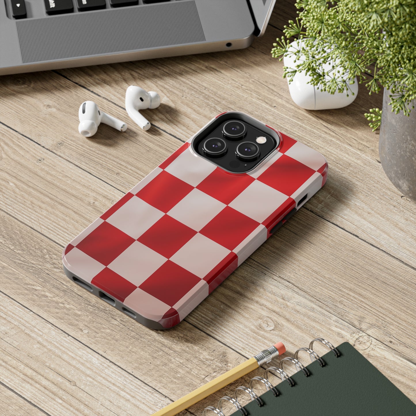 Checkered red, iPhone 7, 8, X, 11, 12, 13, 14, 15+ case.