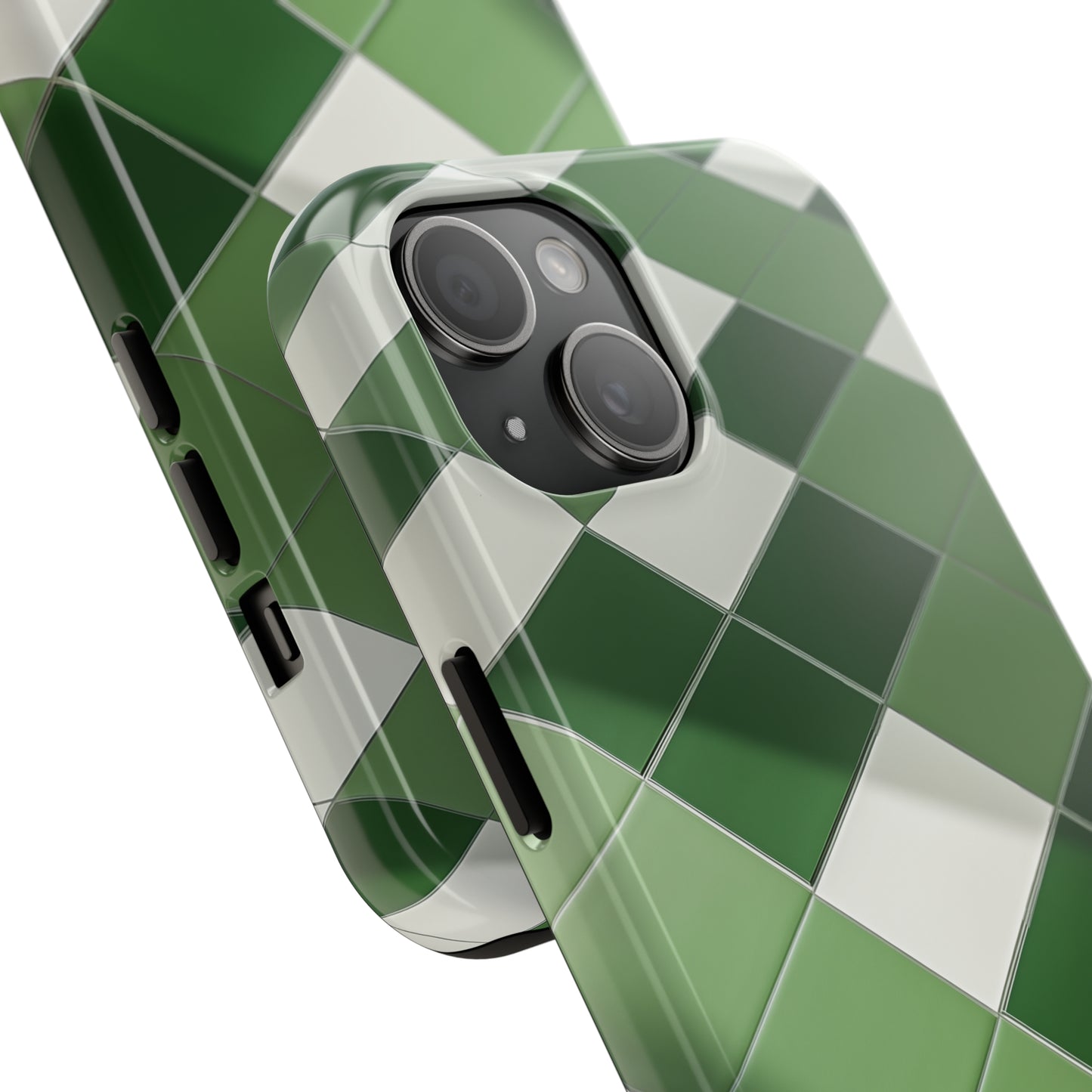 Checkered green, iPhone 7, 8, X, 11, 12, 13, 14, 15+ case.