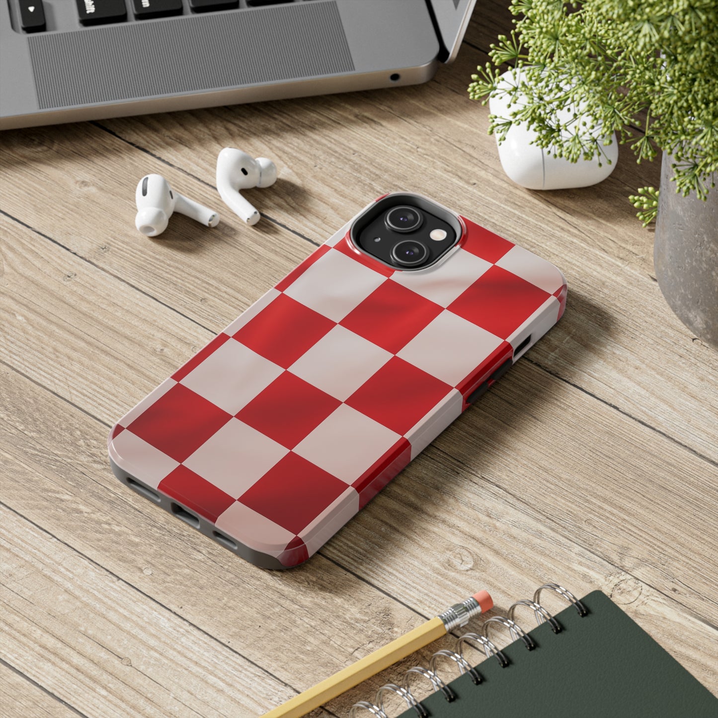 Checkered red, iPhone 7, 8, X, 11, 12, 13, 14, 15+ case.