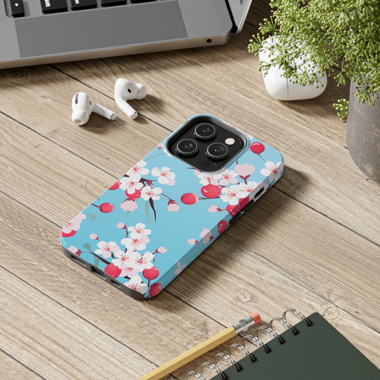 Cherries and Cherry Blossoms, iPhone 7, 8, X, 11, 12, 13, 14, 15+ case.