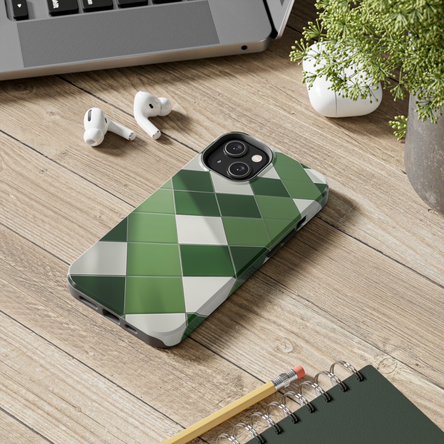 Checkered green, iPhone 7, 8, X, 11, 12, 13, 14, 15+ case.