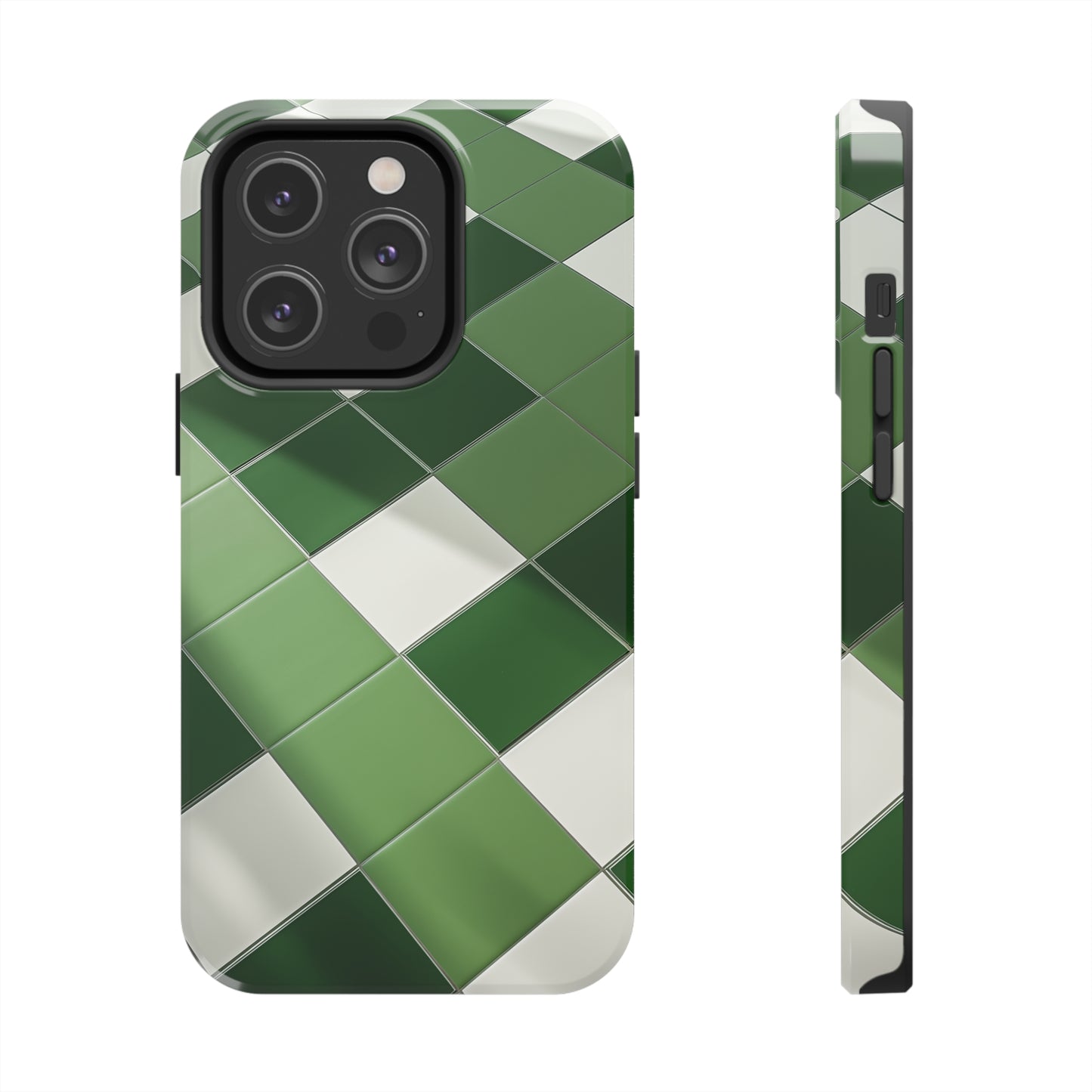 Checkered green, iPhone 7, 8, X, 11, 12, 13, 14, 15+ case.