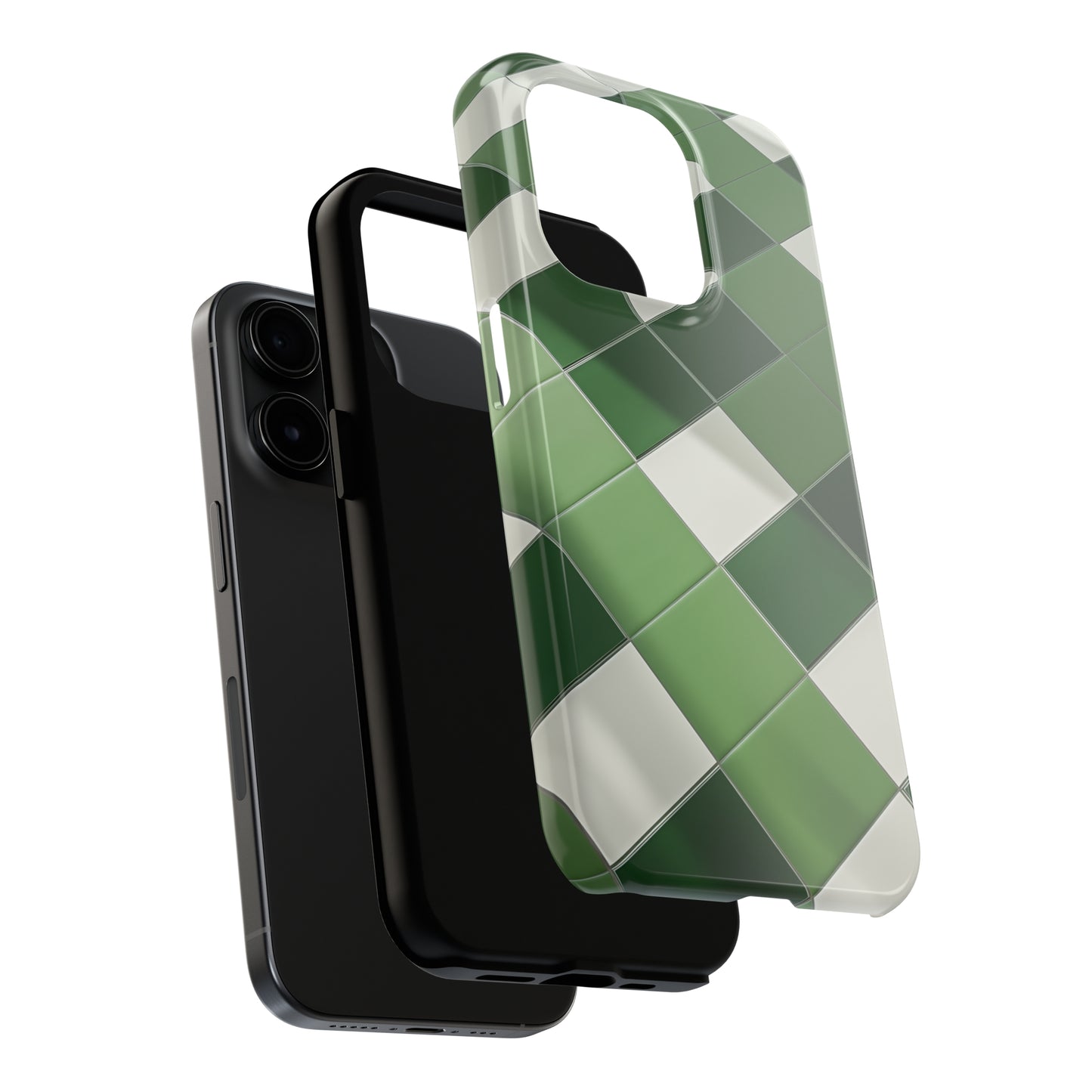 Checkered green, iPhone 7, 8, X, 11, 12, 13, 14, 15+ case.