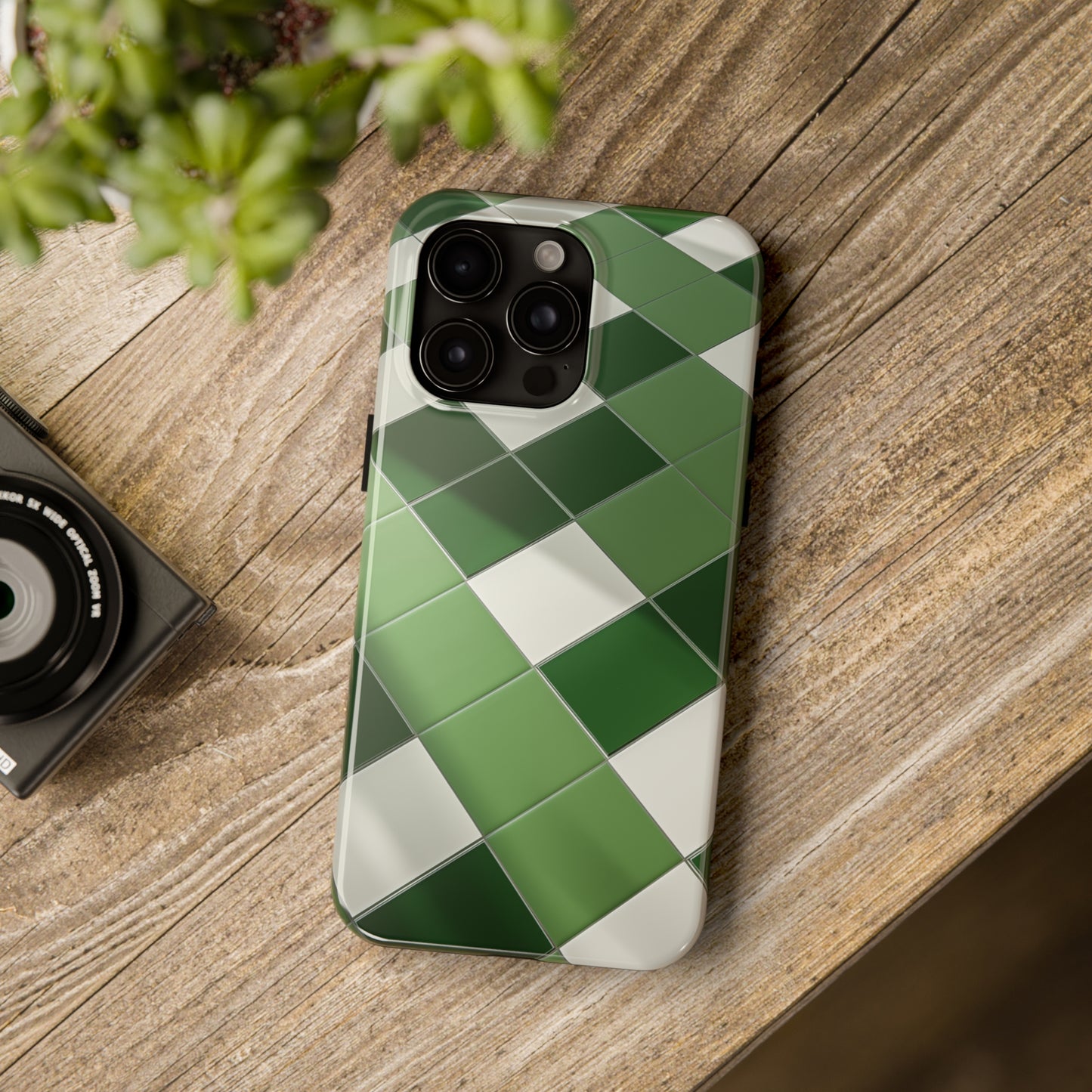 Checkered green, iPhone 7, 8, X, 11, 12, 13, 14, 15+ case.