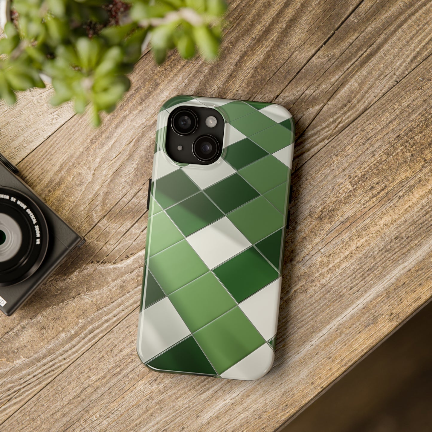 Checkered green, iPhone 7, 8, X, 11, 12, 13, 14, 15+ case.