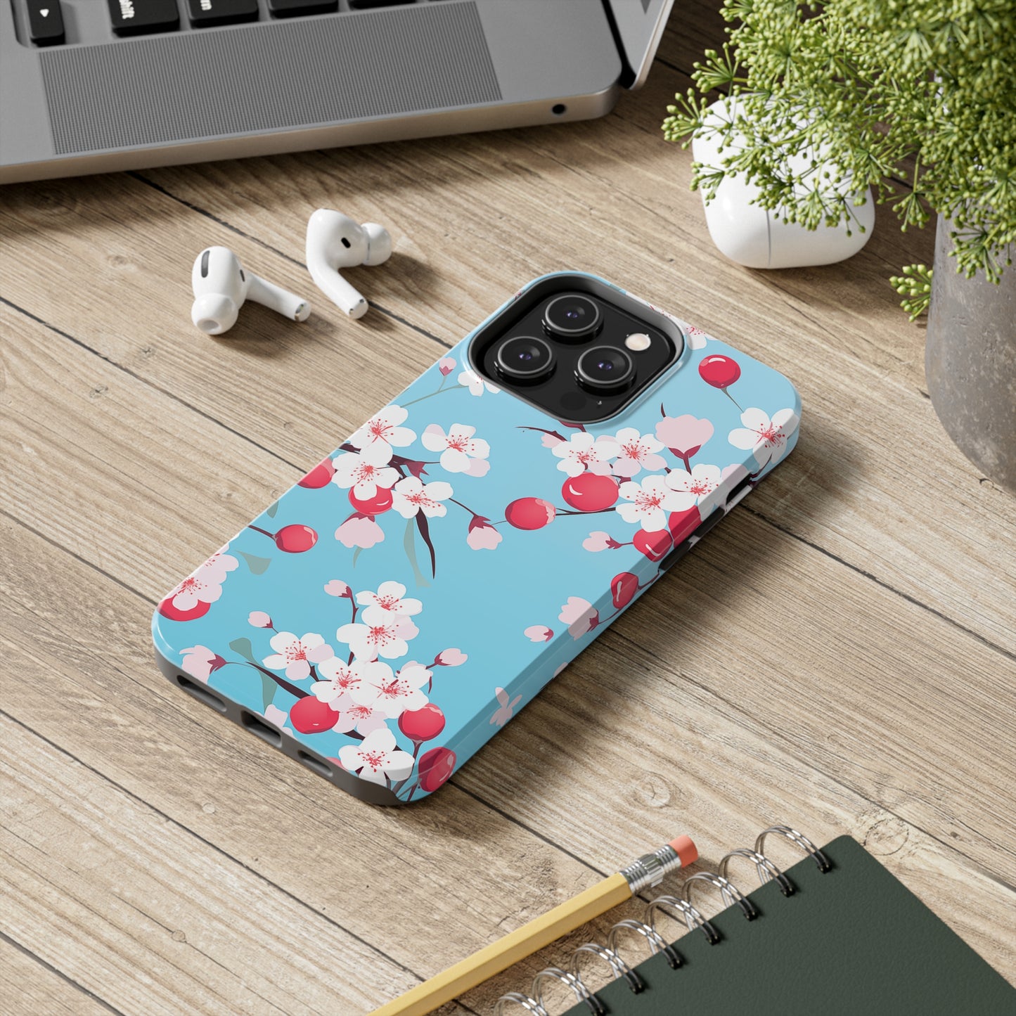 Cherries and Cherry Blossoms, iPhone 7, 8, X, 11, 12, 13, 14, 15+ case.