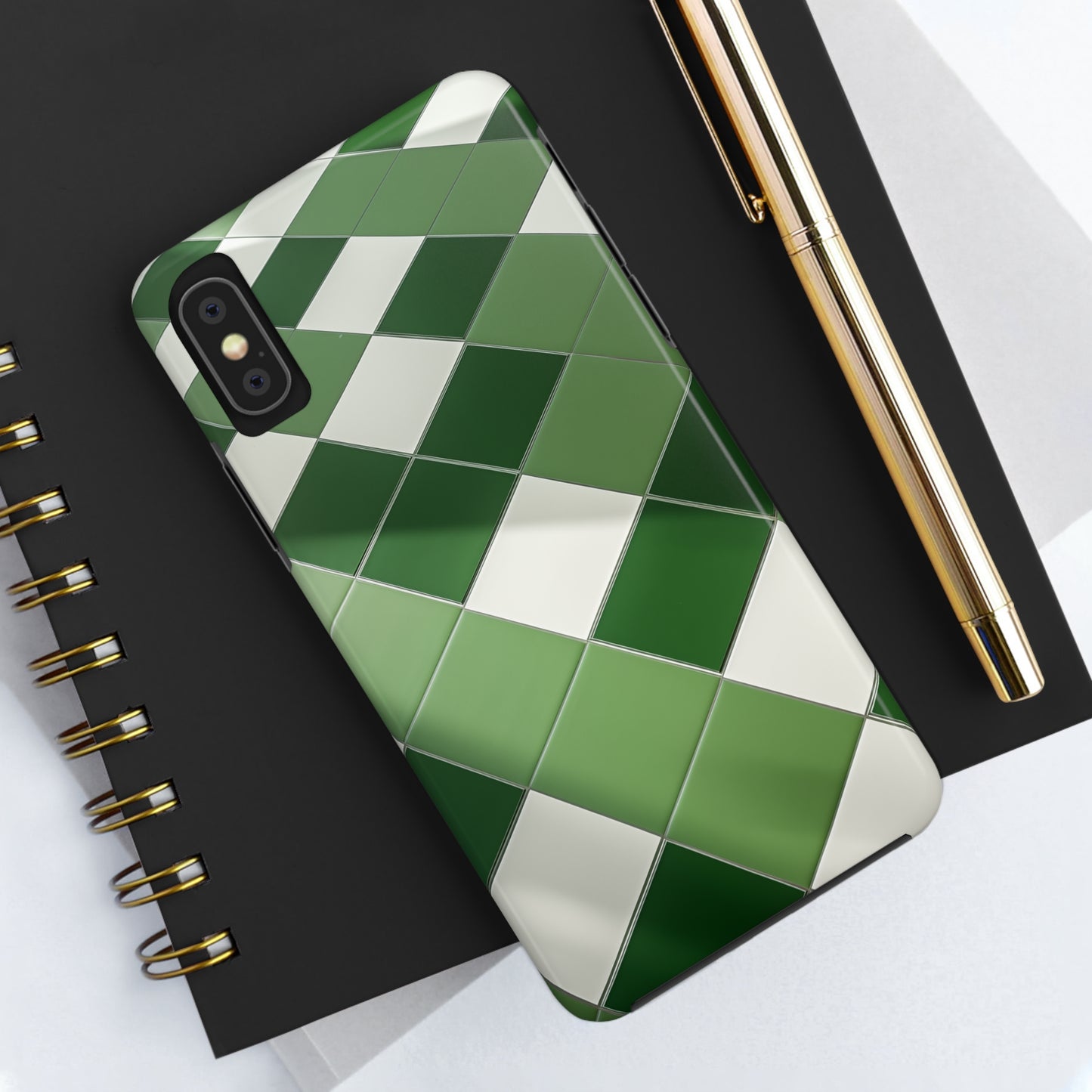 Checkered green, iPhone 7, 8, X, 11, 12, 13, 14, 15+ case.