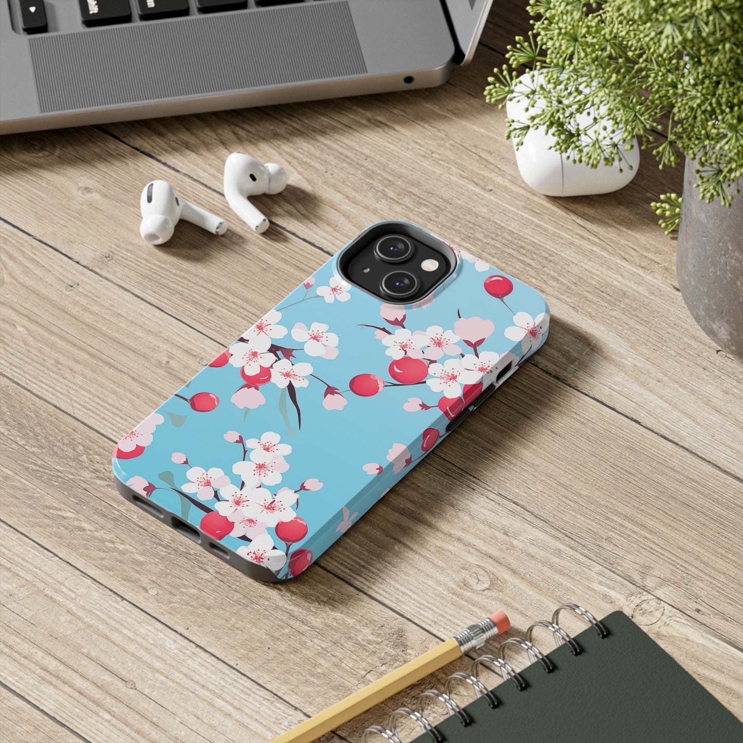 Cherries and Cherry Blossoms, iPhone 7, 8, X, 11, 12, 13, 14, 15+ case.