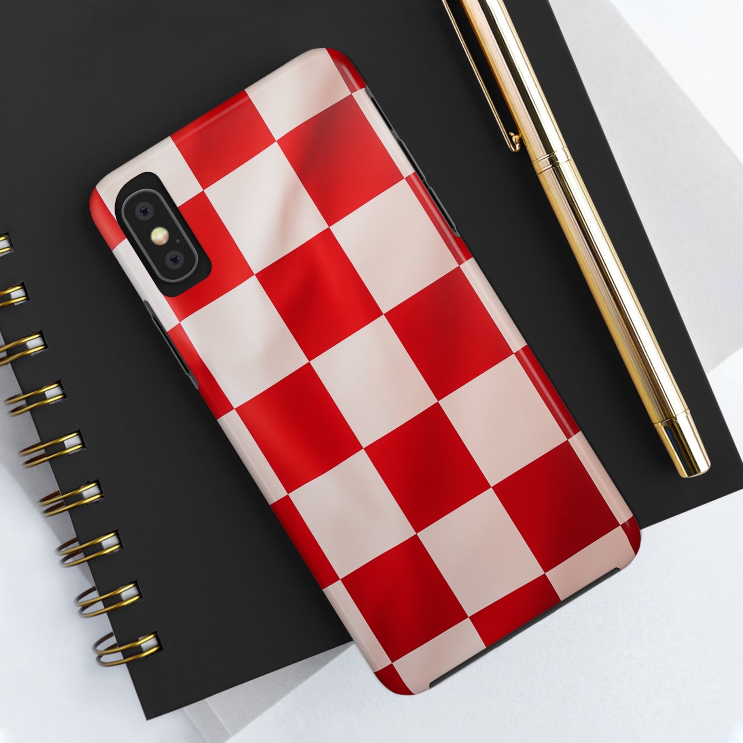 Checkered red, iPhone 7, 8, X, 11, 12, 13, 14, 15+ case.