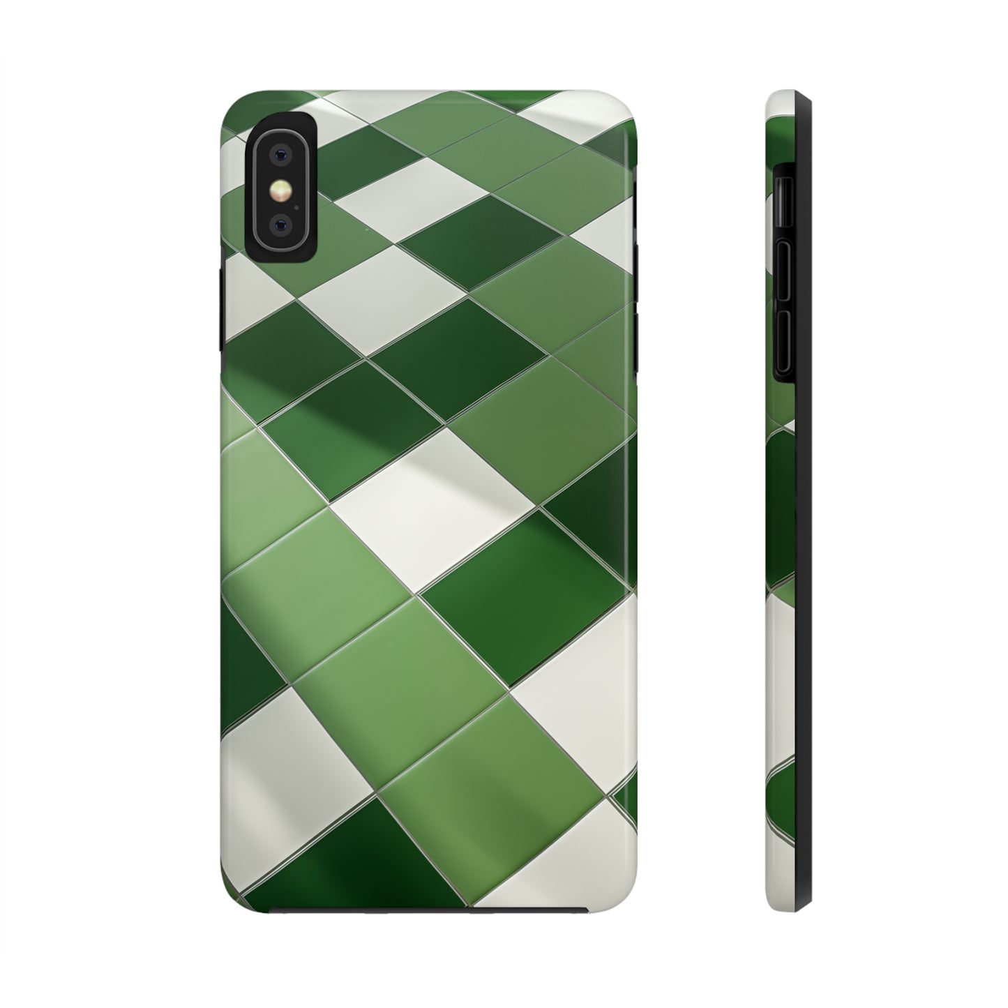 Checkered green, iPhone 7, 8, X, 11, 12, 13, 14, 15+ case.