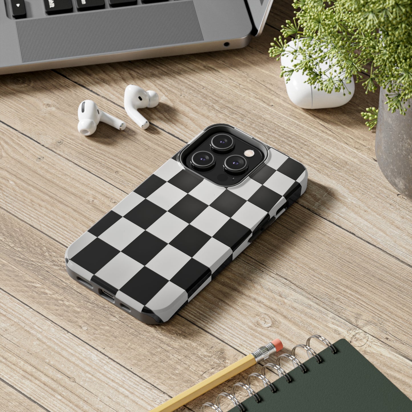 Checkered black and white, iPhone 7, 8, X, 11, 12, 13, 14, 15+ case.