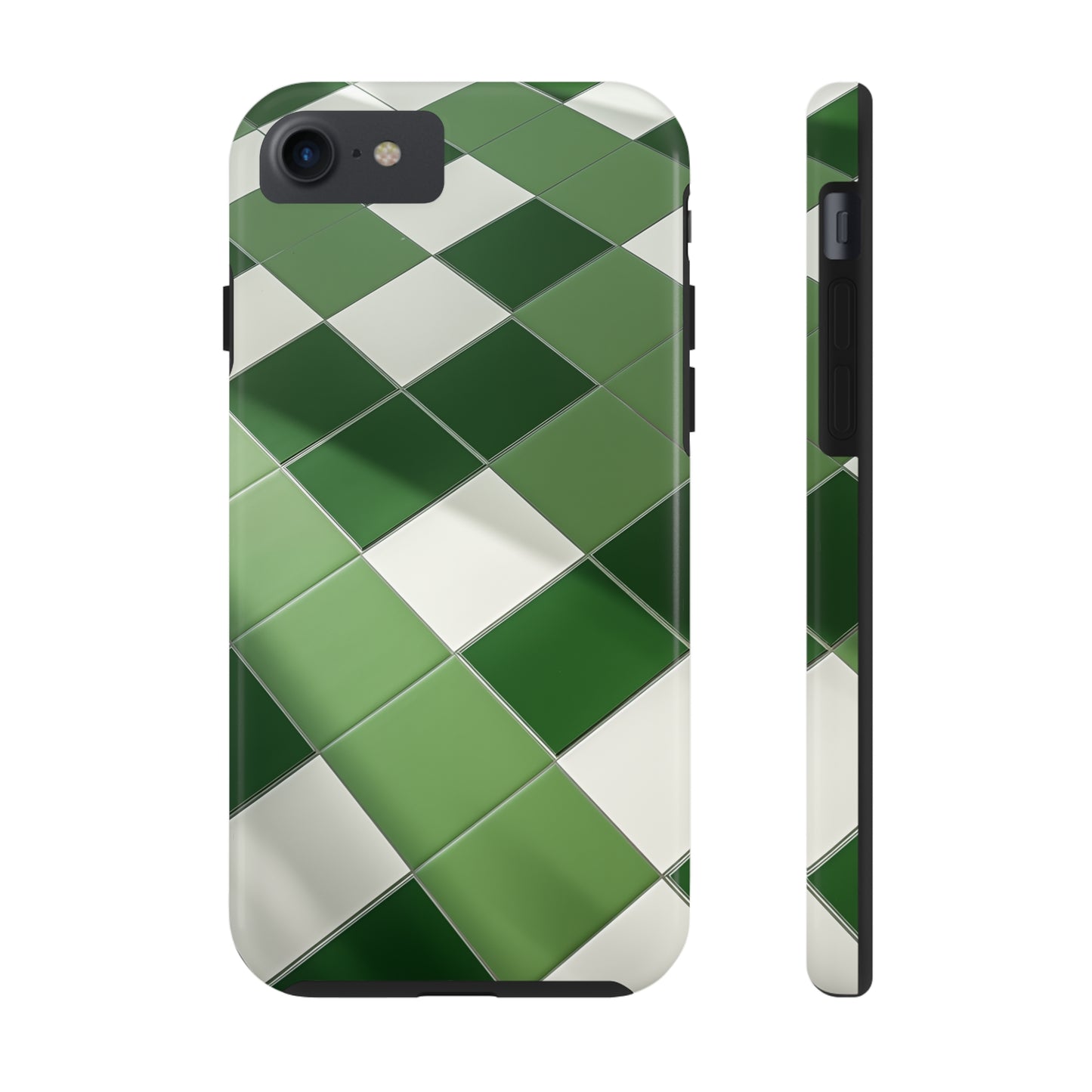 Checkered green, iPhone 7, 8, X, 11, 12, 13, 14, 15+ case.