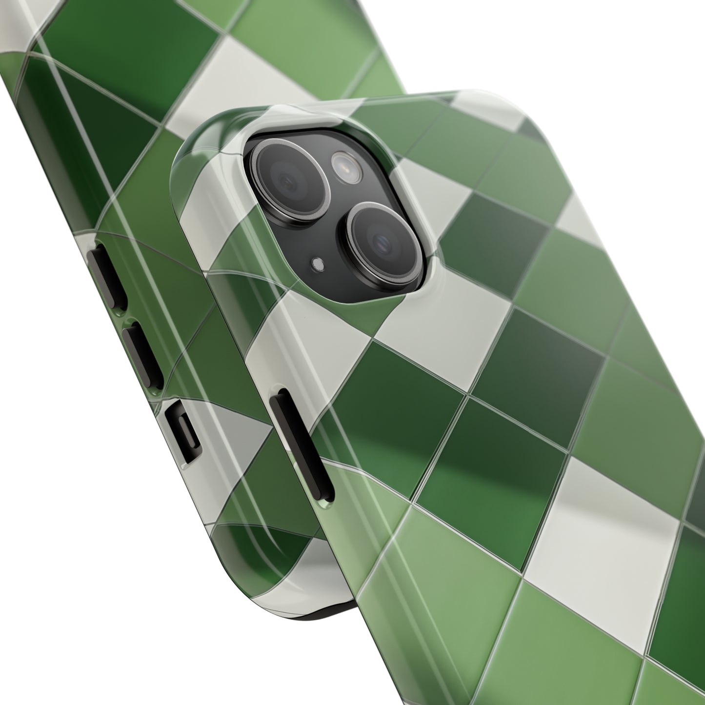 Checkered green, iPhone 7, 8, X, 11, 12, 13, 14, 15+ case.