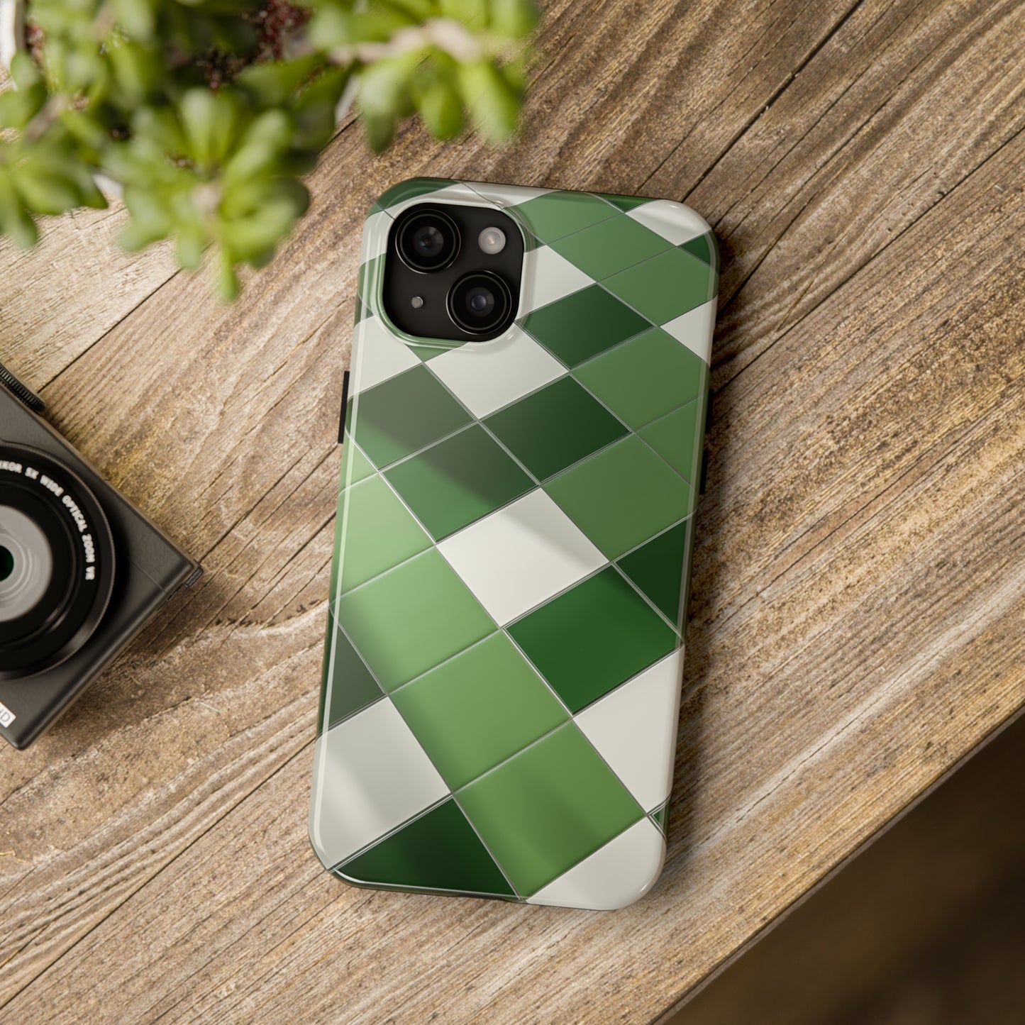 Checkered green, iPhone 7, 8, X, 11, 12, 13, 14, 15+ case.